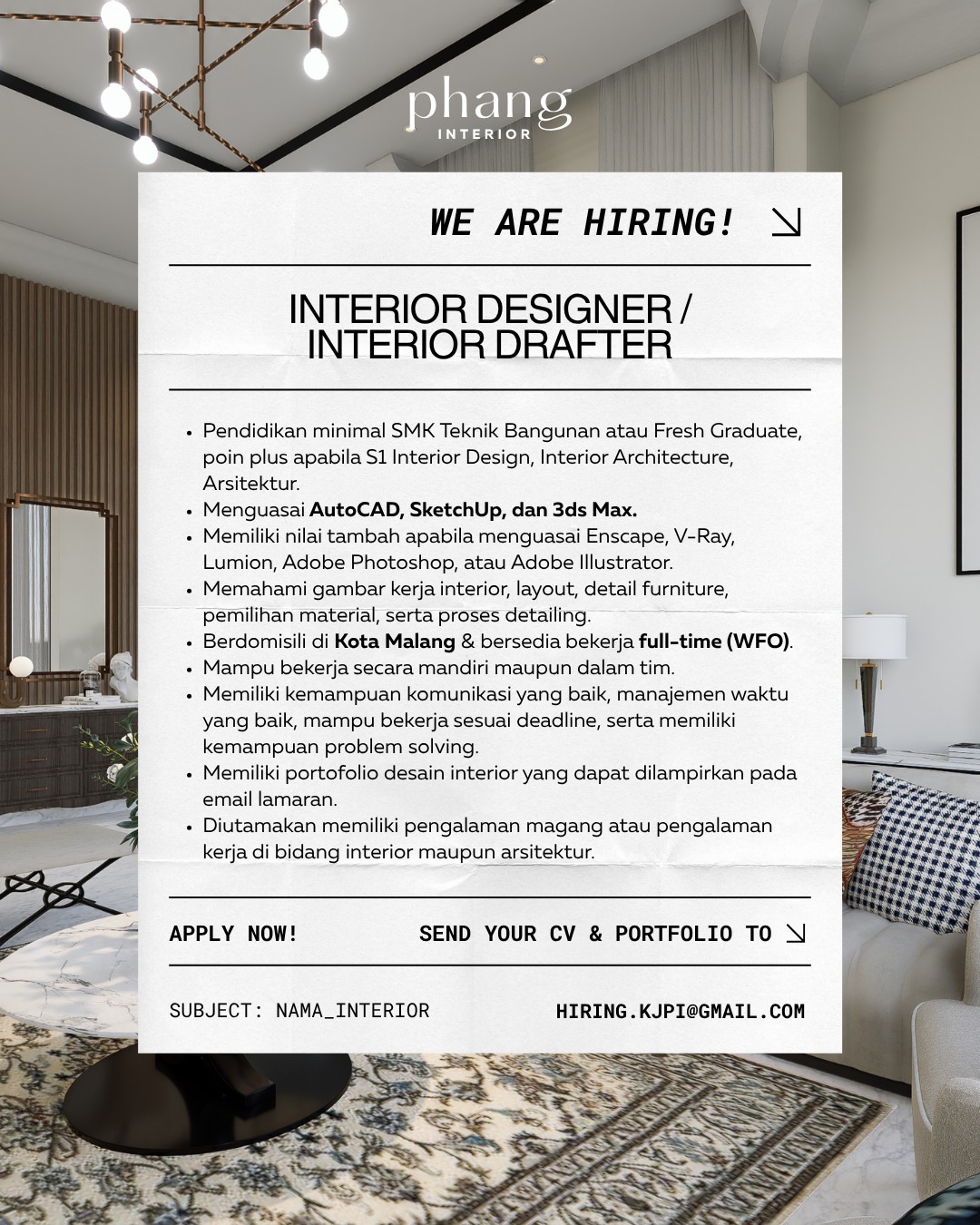 Poster Lowongan Interior Designer di Phang Interior Malang