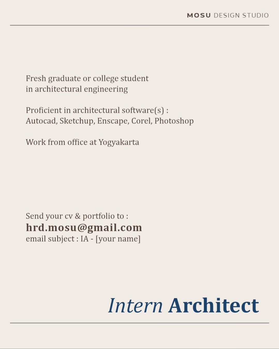Poster Lowongan Intern Architect di MOSU Design Studio Yogyakarta 1
