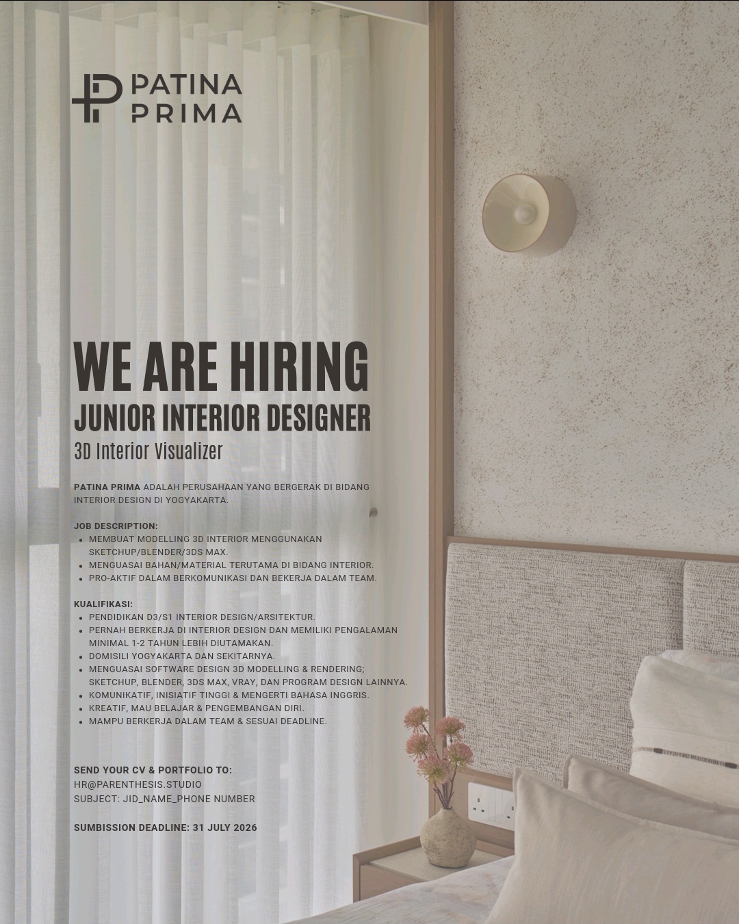 Poster Lowongan Junior Interior Designer di CV Patina Prima Yogyakarta 1