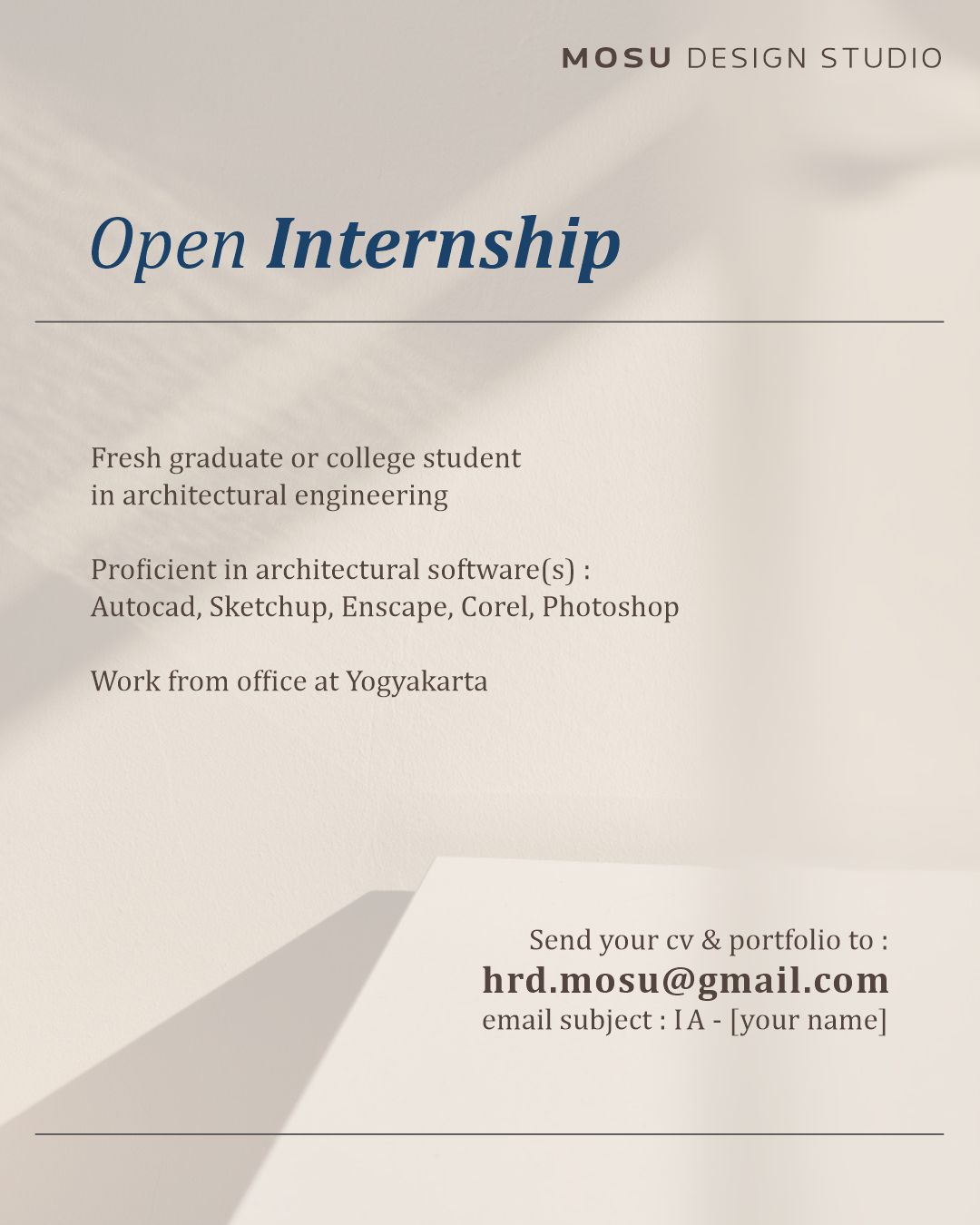 Poster Lowongan Internship di MOSU Design Studio Yogyakarta