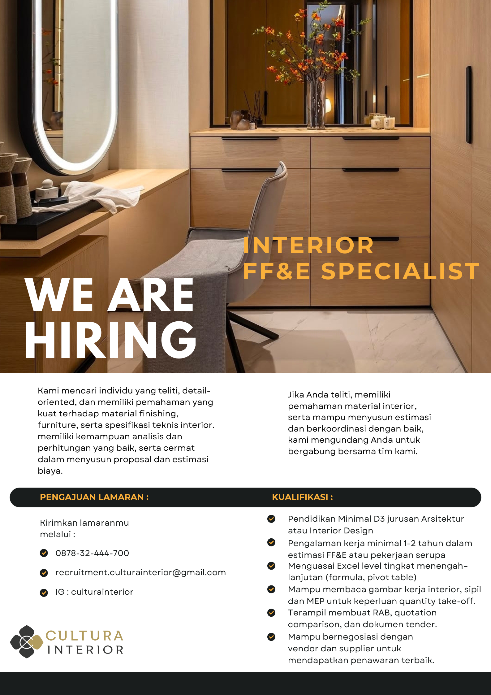 Poster WE'RE HIRING.  FF&E Specialist & Koordinator Lapangan Cultura Interior 1