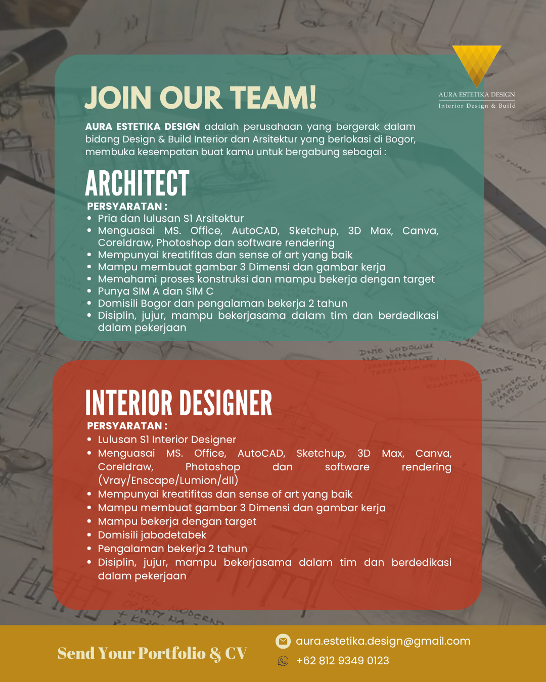 Poster Arsitek, Interior Designer, Marketing, Project Estimator, Site Engineer di Aura Estetika Design 2