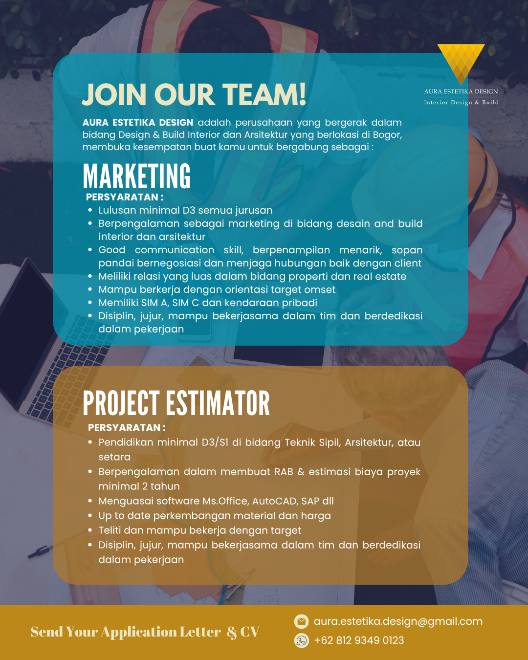 Poster Arsitek, Interior Designer, Marketing, Project Estimator, Site Engineer di Aura Estetika Design 3